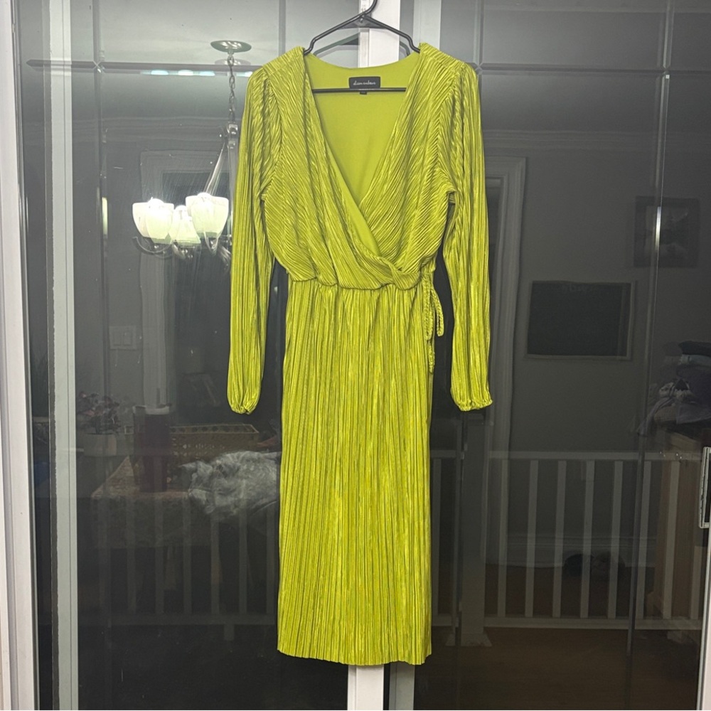 Pleated Surplice Wrap Midi Dress in Chartreuse Green